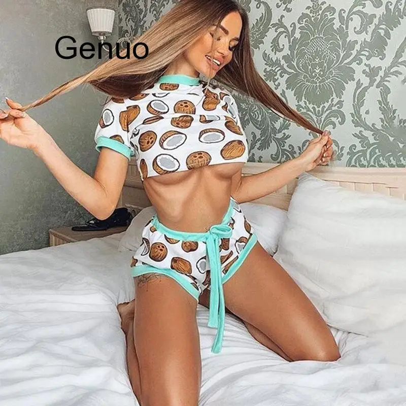 

Women's Shorts Pajamas Set Printed T Shirt O Neck Short Sleeve Belt Bow Ruffle Hem Female Sets 2020 Summer Fashion Lady Homeware