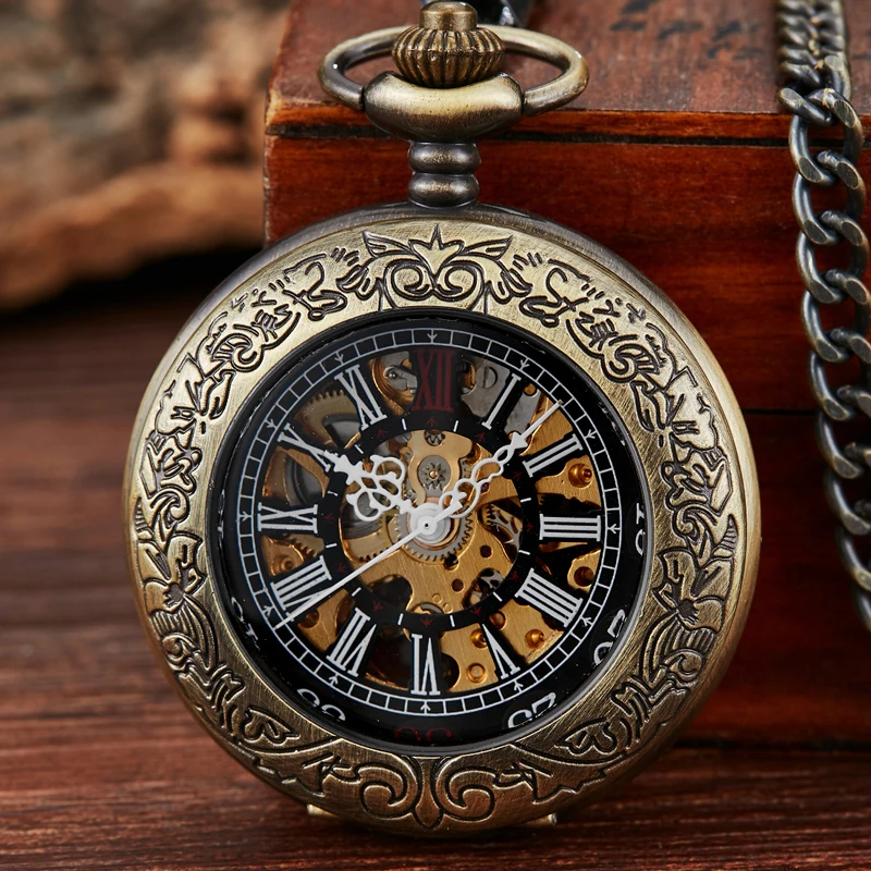 Steampunk التلقائي الميكانيكية الهيكل العظمي جيب الساعات الرجال النساء الرجعية الفاخرة العلامة التجارية اليد الرياح قلادة جيب و فوب سلسلة