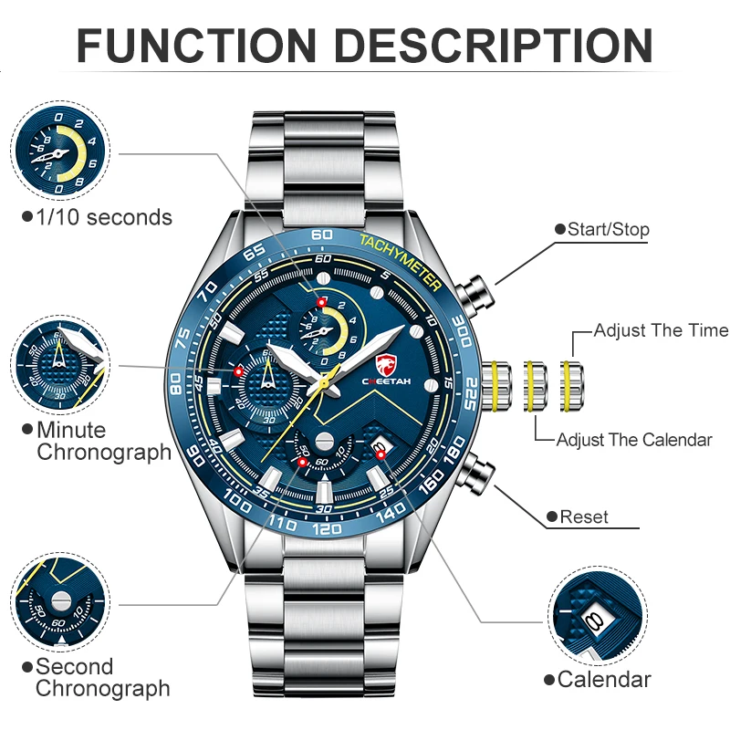 Top Luxury Brand Men Watch CHEETAH New Business Sports Chronograph Watches Luminous Pointer Stainless Steel Wristband Clock Male