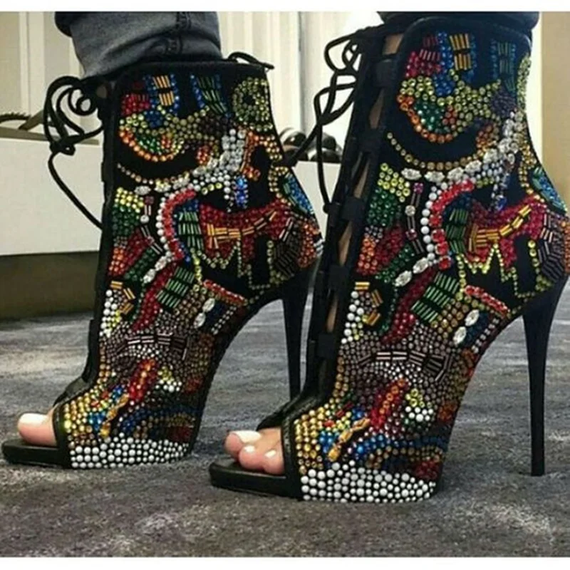 Multicolor Rhinestone Ankle Boots Peep Toe Lace-up Stiletto Heels Dress Shoes String Bead Cut-out Short Bootie Drop Ship