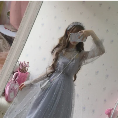 Kawaii mädchen gothic Süße lolita kleid fee hochzeit kleid sterne grau blau mesh prinzessin viktorianischen kleid lolita op loli cos