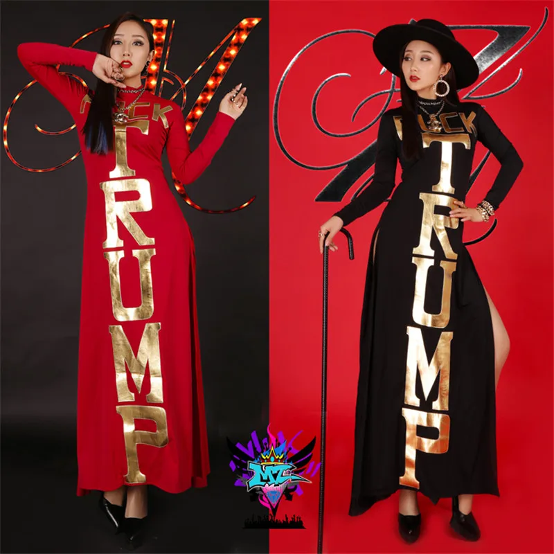 

Beyonce Same Star gold letters red black super elastic high fork long Dress costume Dance costume team practicing dance Dresses