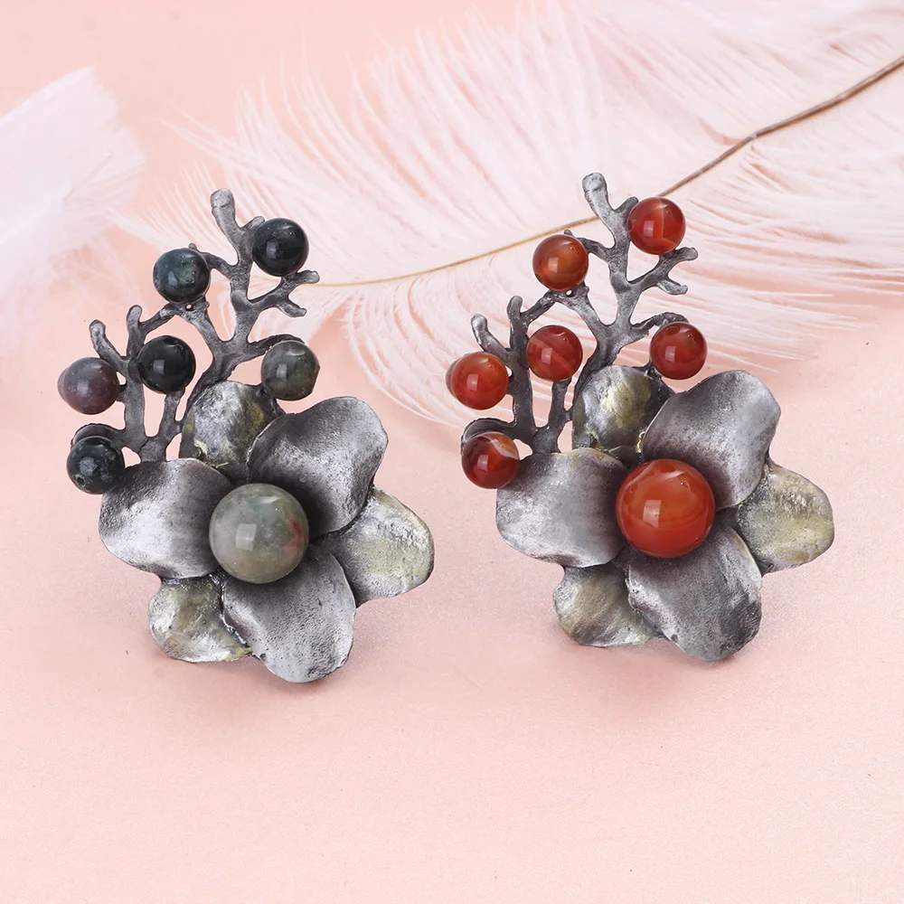 FARLENA Jewelry Natural Stone Tree Brooches for Women Vintage Red green stone pendant pin brooch