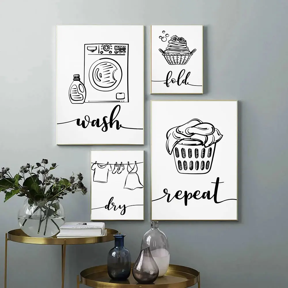 Wash Dry Fold Repeat Laundry Sign Black White Wall Art Print Canvas Painting Nordic Poster And Print Wall Pictures Utility Room