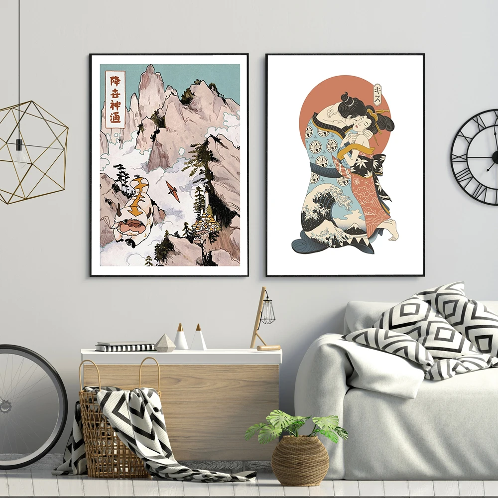 Japanese Style Poster Mountain Landscape Poster Canvas Art Print Kiss Ukiyo Painting Nordic Wall Art Picture Bedroom Home Decor