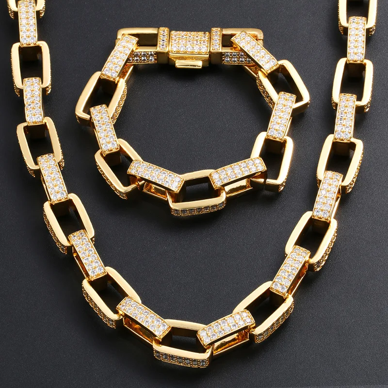 Hip Hop AAA Cubic Zirconia Paved Bling Iced Out Geometric Sqaure Box Link Chain Bracelet Necklaces Set for Men Rapper Jewelry