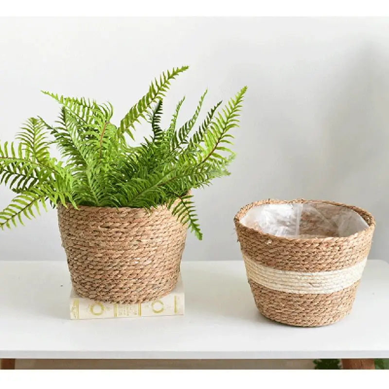 北欧手作りストローストレージバスケット屋内屋外のフラワーポット植物コンテナホームのベッドルームの装飾
