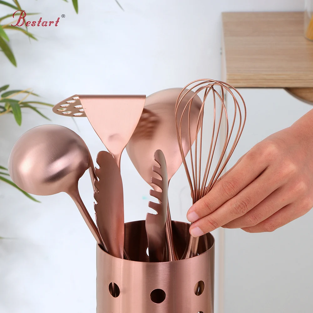 7PC Pink Kitchenware Cooking Utensils Stainless Steel Gold Kitchen Non-Stick Cookware Spatula Shovel Egg Beaters Food Clip Spoon