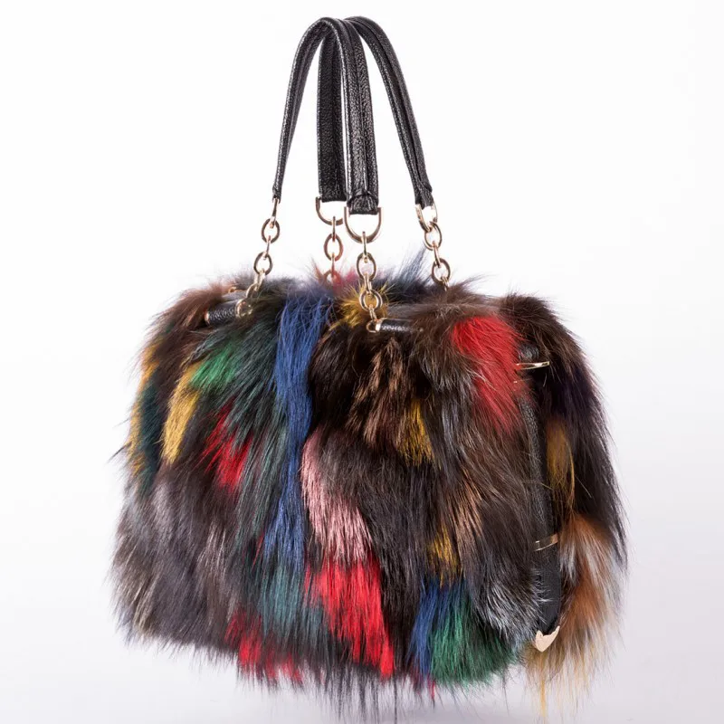 Sac à main de luxe en cuir pour femmes, en vraie fourrure de renard, multicolore, marque de fête, à bandoulière, de styliste, de soirée