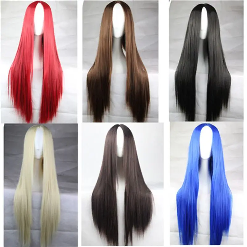 WoodFestival Synthetic Wig Female Straight Long Hair Cosplay Wigs For Women Red Blue Black Blonde Burgundy Silver Dark Brown