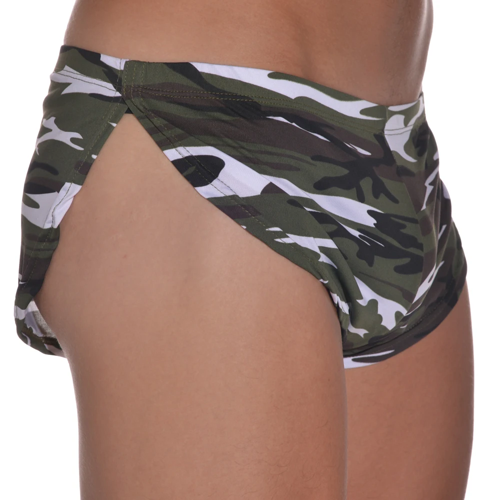 Ropa interior de camuflaje para hombre, pantalones cortos con abertura lateral, Sexy, transpirable, de tiro bajo, sin costuras, para verano