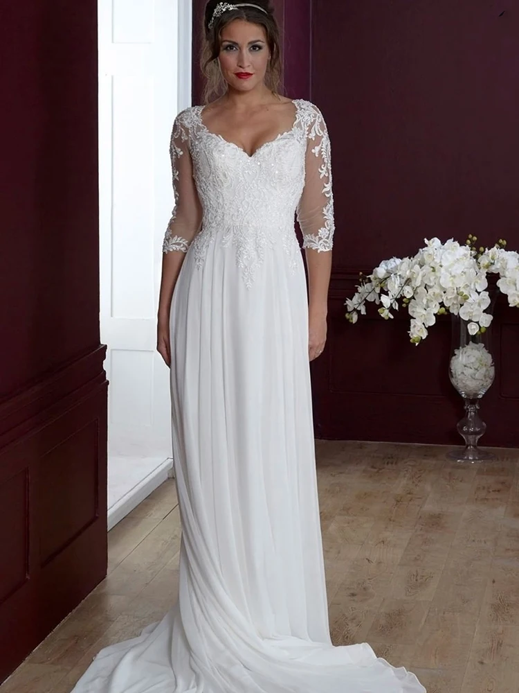 A-lijn Trouwjurk 2021 Boho Eenvoudige Strand Kant Applicaties Bridal Gown Hof Trein Robe De Mariee Bohemian Civiele Vintage Goedkope