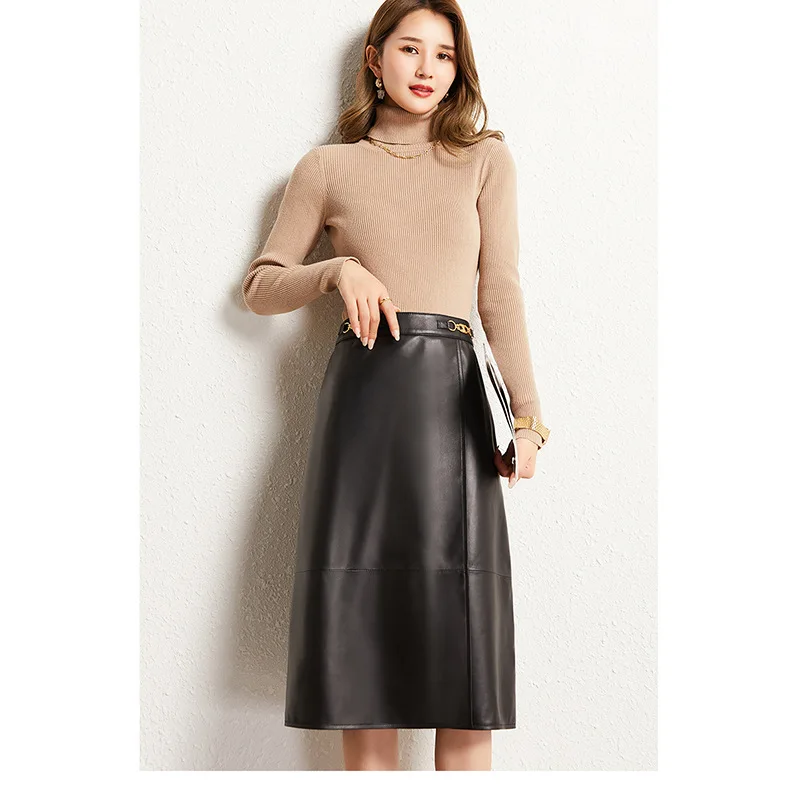 2022 Leather Skirt Female New Sheep Skin Pleated Skirt High Waist Skirt All-match Leather Skirt G1