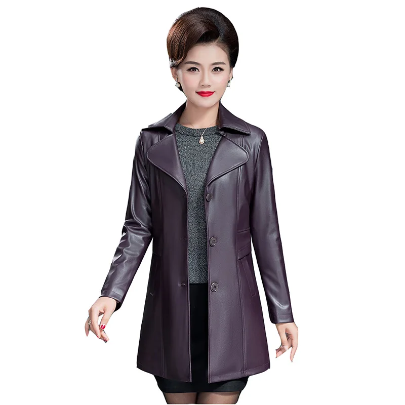 2022 autumn winter cardigan leather jackets women's mid-length fashion slim PU leather jackets ladies size 5XL boutique leather