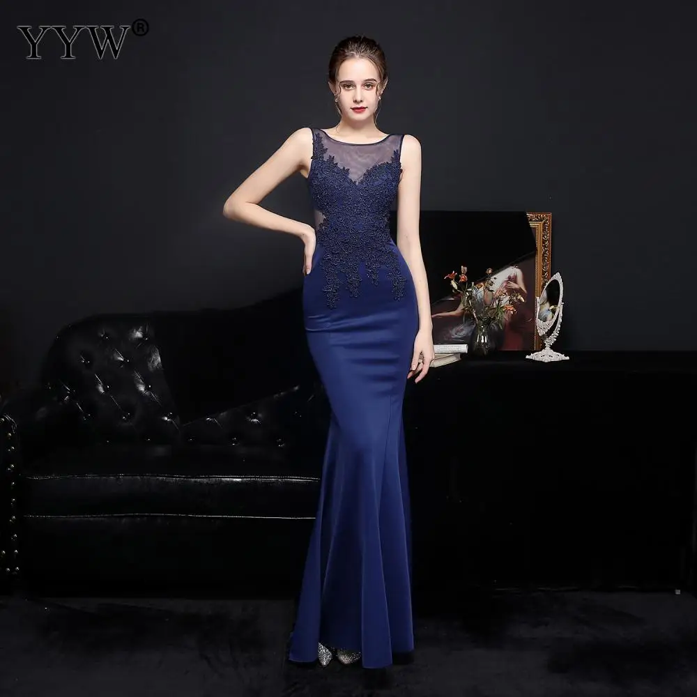 

New 2021 Elegant Women Sleeveless Bodycon Evening Dress Female Backless Blue Long Mermaid Party Dresses vestido de festa