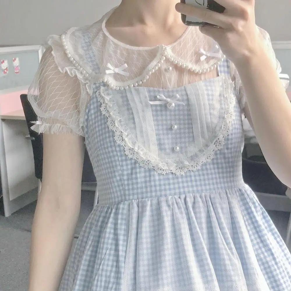 Fresh sweet lolita top kawaii girl peter pan collar white/black victorian shirt loose soft girl lolita shirt loli cos lolita top