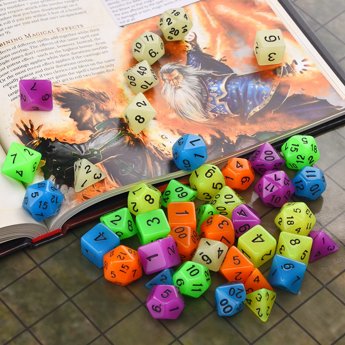 Glow in The Dark 7-Die Polyhedral Dice Set D4 D6 D8 D10 D% D12 D20 for Table Games RPG DND