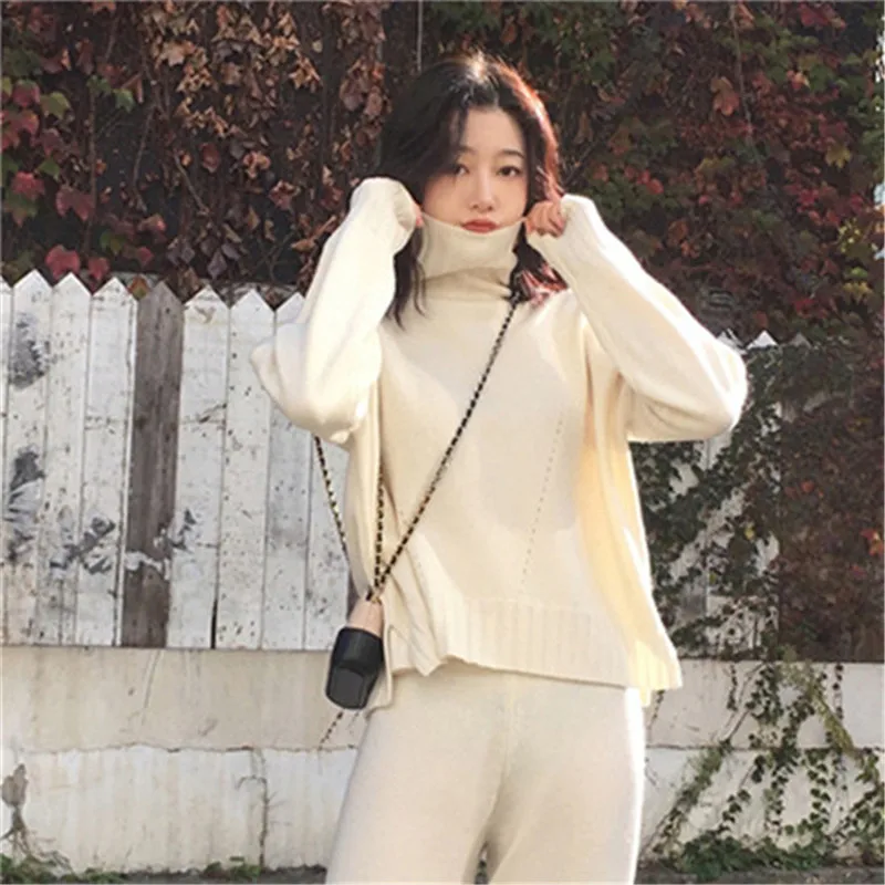 2 Pieces Set  Women Winter Autumn Knitted Tracksuit Turtleneck Sweater Knit Pants Women Loose Clothing Suits Female Pants Suit