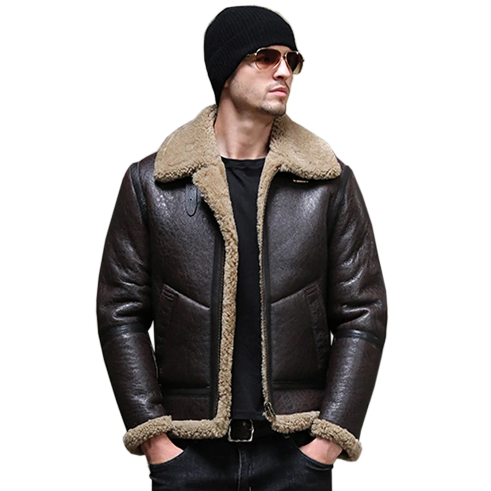 Luhayesa destacável com capuz casaco de pele real dos homens inverno engrossar quente marrom natural shearling pele roupas genuíno leahter jaquetas