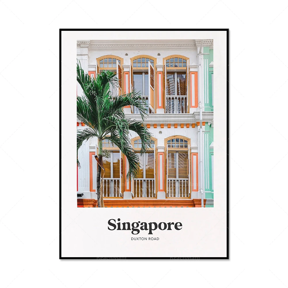 Singapore prints, Buangkok, Emerald Hill, Duxton Hill, orange Duxton Road shophouses, tourist posters, photographic tourist post