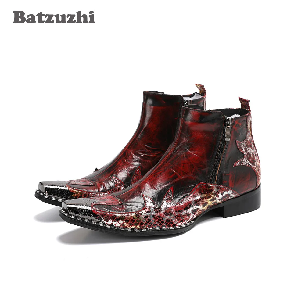 

Batzuzhi Western Handmade Men's Boots Fashion Pointed Metal Tip Soft Leather Ankle Boots Men Botas Hombre, Big Sizes EUR38-46