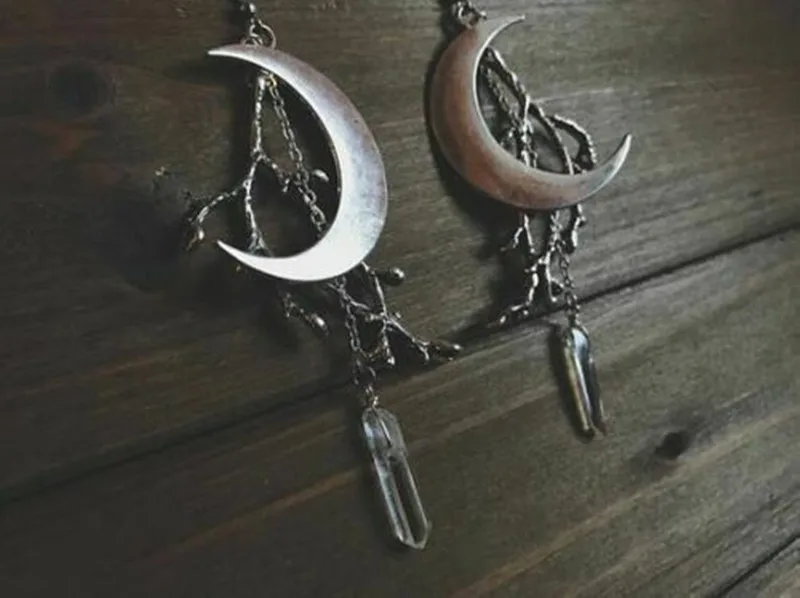 Raw Quartz Crystal Earrings with Crescent Moons and Branch  Western Hippie Boho Witchy Festival Jewelry,Gift,For Her