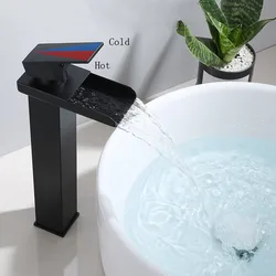 Bathroom Deck Mounted Basin Faucet Black Sink Tap Waterfall Cold and Hot Water Mixer Tap Brass Chrome Vanity Vessel Sink Faucets