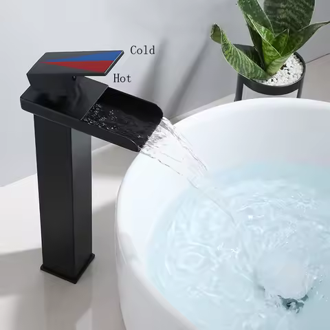 Bathroom Deck Mounted Basin Faucet Black Sink Tap Waterfall Cold and Hot Water Mixer Tap Brass Chrome Vanity Vessel Sink Faucets