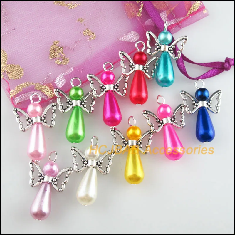 20Pcs Tibetan Silver Tone Angel Mixed Acrylic Teardrop Charms Pendants 18x28mm