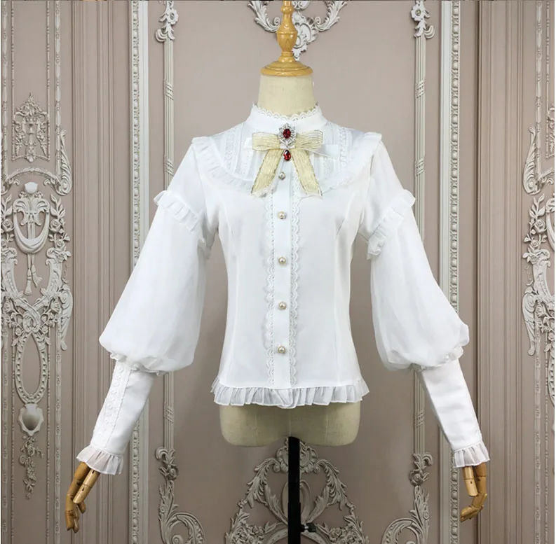 White Diamond Bow Stand Collar Lantern Sleeve Medieval Victorian Top Gothic Lolita Blouse Vintage Shirts For Women Plus Size