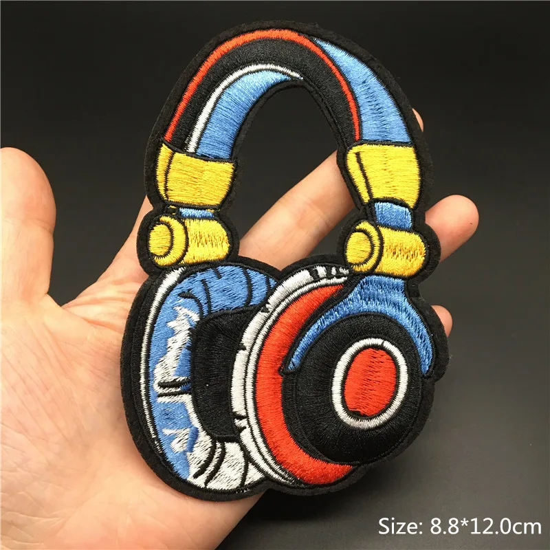 Parches bordados de auriculares de discoteca musical para ropa, apliques de rayas, insignia, decoración de costura, pegatina de ropa, Parche de