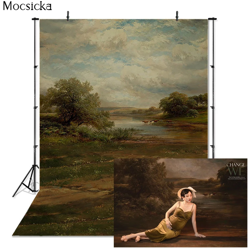 Mocsicka Rural Landscape Photography Background Blue Sky Pond Cattle Sheep Backdrop Child Portrait Photo Decoration Props Studio