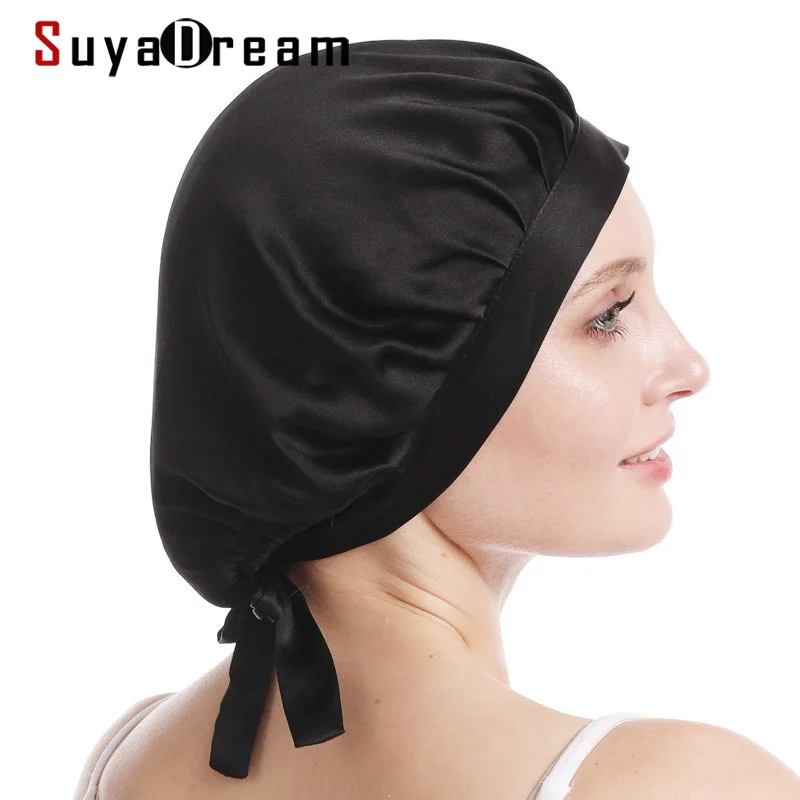 SuyaDream100% Mulberry Silk Sleep Cap for Women Hair Care Natural 19 Momme Silk Night Bonnet with Adjustable Ribbons