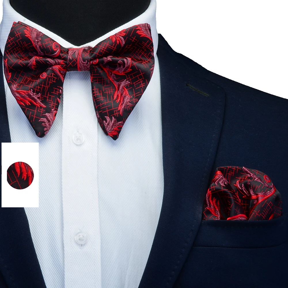 New Mens Big Bow Tie Handkerchief Cufflinks Set Floral Double Fold Bow Ties Red Big Bowtie Pocket Squares For Men Wedding