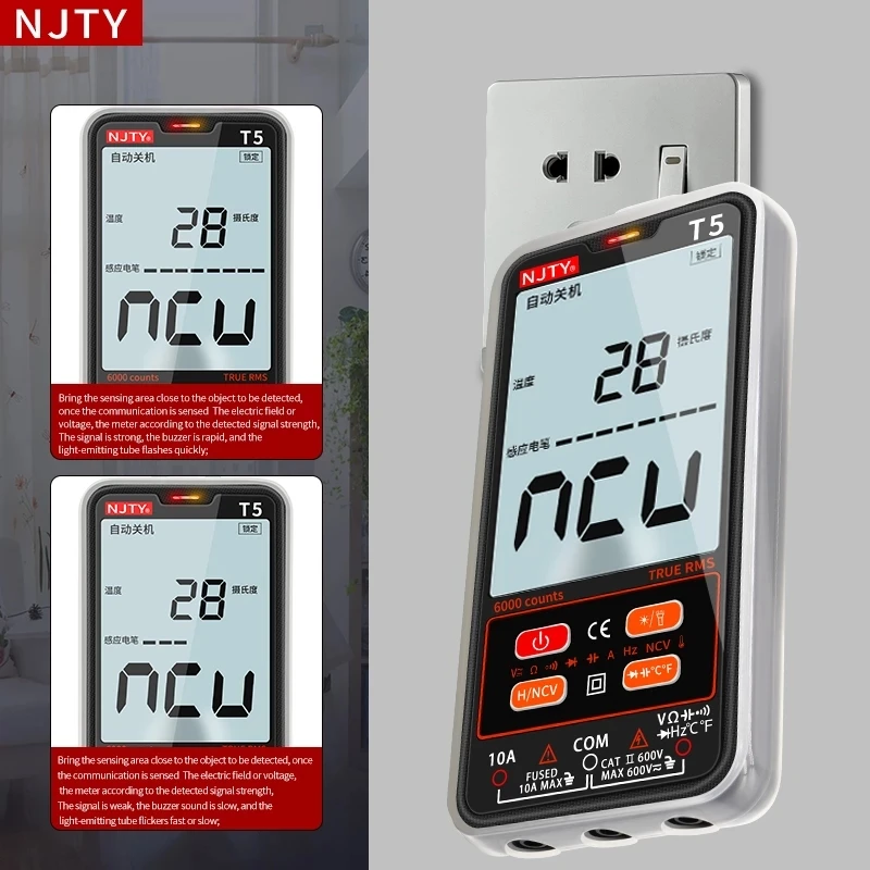 NJTY New Digital Multimeter Smart Ultra-thin portable 6000 Counts TRMS AC/DC Current Voltage NCV Resistor-capacitor °C/°F Tester