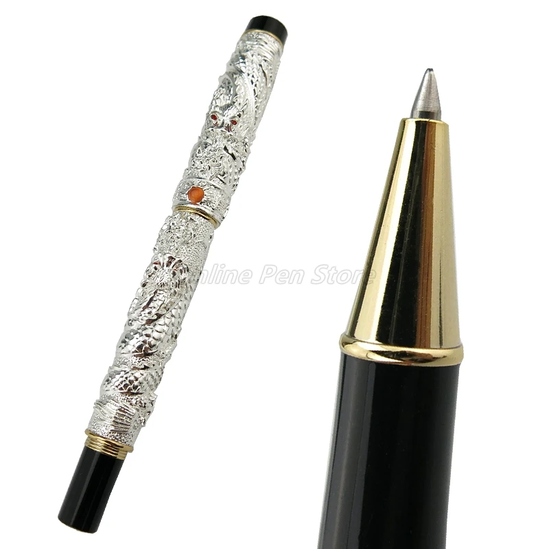 

Jinhao Double Dragon Playing Pearl Carving Embossing Silver Roller Ball Pen Tower Cap Gold Trim Professional Office Stationery