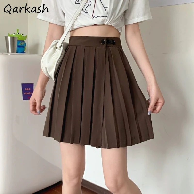 

Pleated Skirts Women Solid Buttons Design Students Empire Causal Mini Chic Ulzzang Ins Mujer Faldas School Minimalist Female New