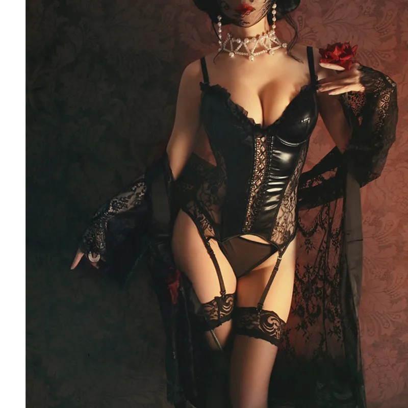 Comeondear PU Leather Lace Sexy Corset Women PVC Overbust Bustier Top Suspenders Belt Plus Size Club Wear Gorset Lingeries