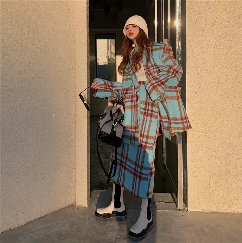 Plaid Tweed Set Casual Blazer Vintage Thicken Suits Jacket High Waist Split Skirt Tops Two Pieces Sets Women Outfits Office Wear