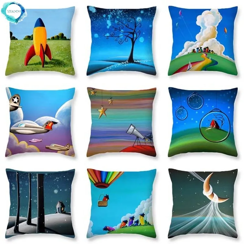 Cartoon Landscape Cotton Linen Square Sofa Cushion Cover Geometric Style Decorative Throw Pillow Cover 45x45cm Fundas De Cojin