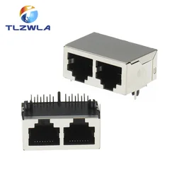 1PCS 1*2 RJ45 Metal 16 Pin Female PCB Right Angle Board Jack Connector 8P8C Crystal Head Socket 1x2 21mm Network Interface