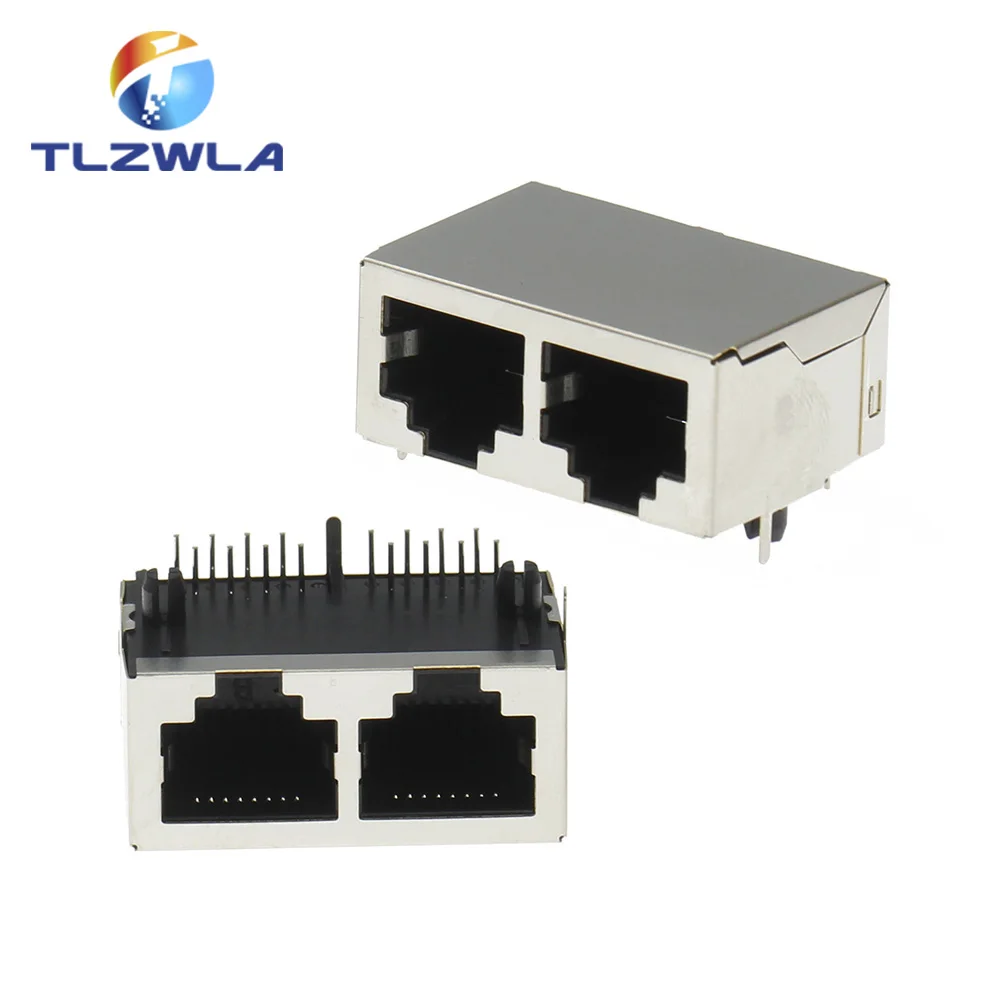 1PCS 1*2 RJ45 Metal 16 Pin Female PCB Right Angle Board Jack Connector 8P8C Crystal Head Socket 1x2 21mm Network Interface