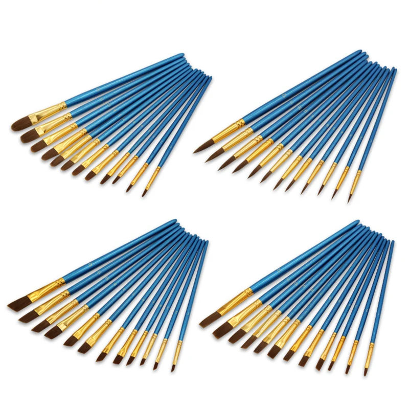 

12 Pcs Pearlized Blue Nylon Hair Watercolor Oil Painting Brush Wooden Aluminum Tube Art Painting Brush acrylic paint brushes