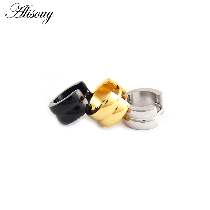 Alisouy 2pcs Black Gold Color Wide Hoop Earing stainless steel Circle Piercing Huggies earring set for women men Korean Jewelry