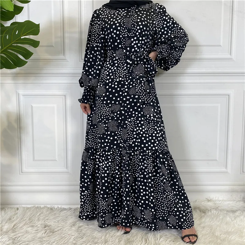 

Abayas Muslim Women's Long Dress Turkish Polka Dot Printed Islamic Maxi Robe Eid Ramadan Malaysia Vintage Dubai Middle East Gown