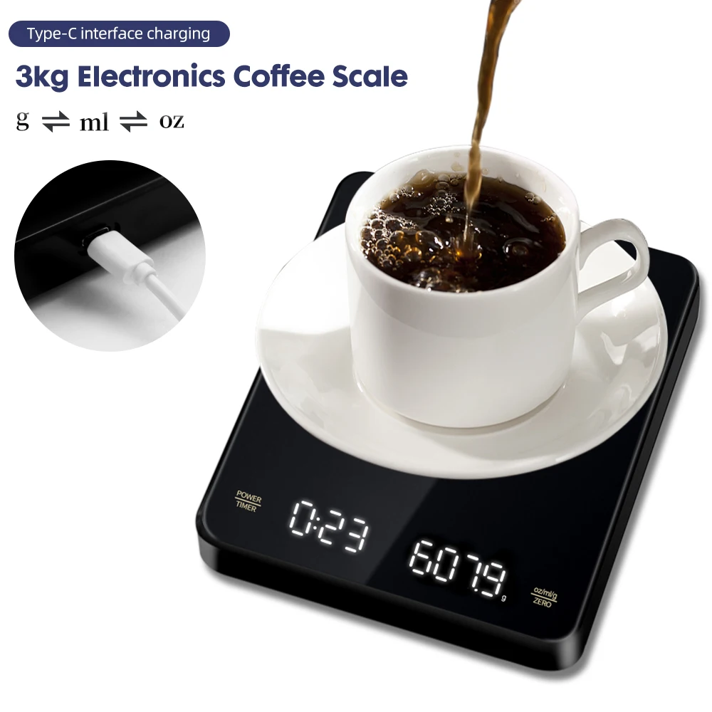 3000g / 0.1g Digital Timing Coffee Scale Electronic Kitchen Scale Food Weight Balance Household Measuring Tools With USB Charge