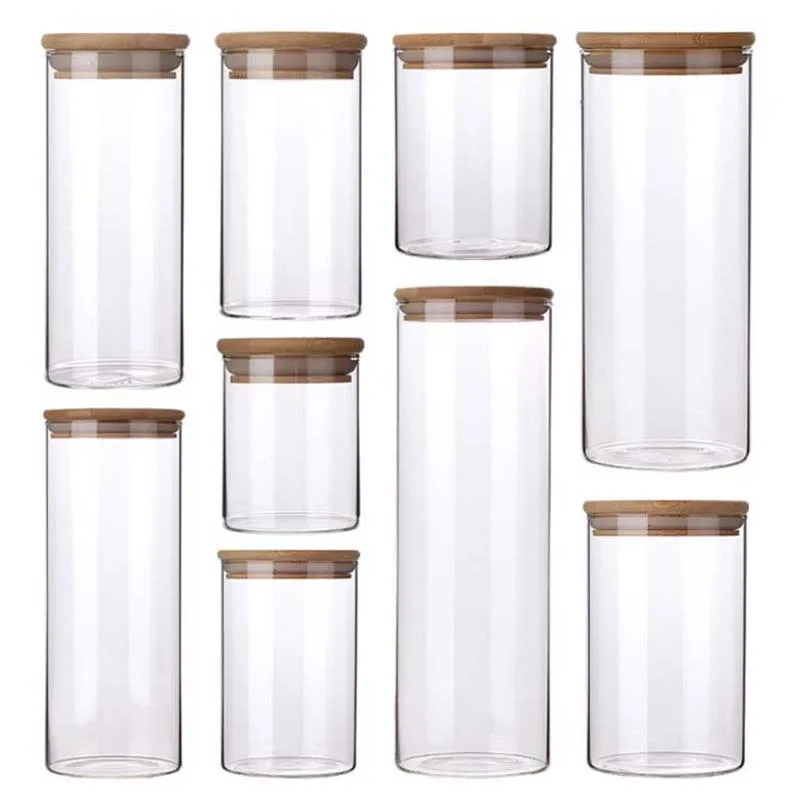 Transparent Glass Jars with Bamboo Cover, Kitchen Food Storage, Sealed Cans, Bottles, Spice Jars, Candy Box