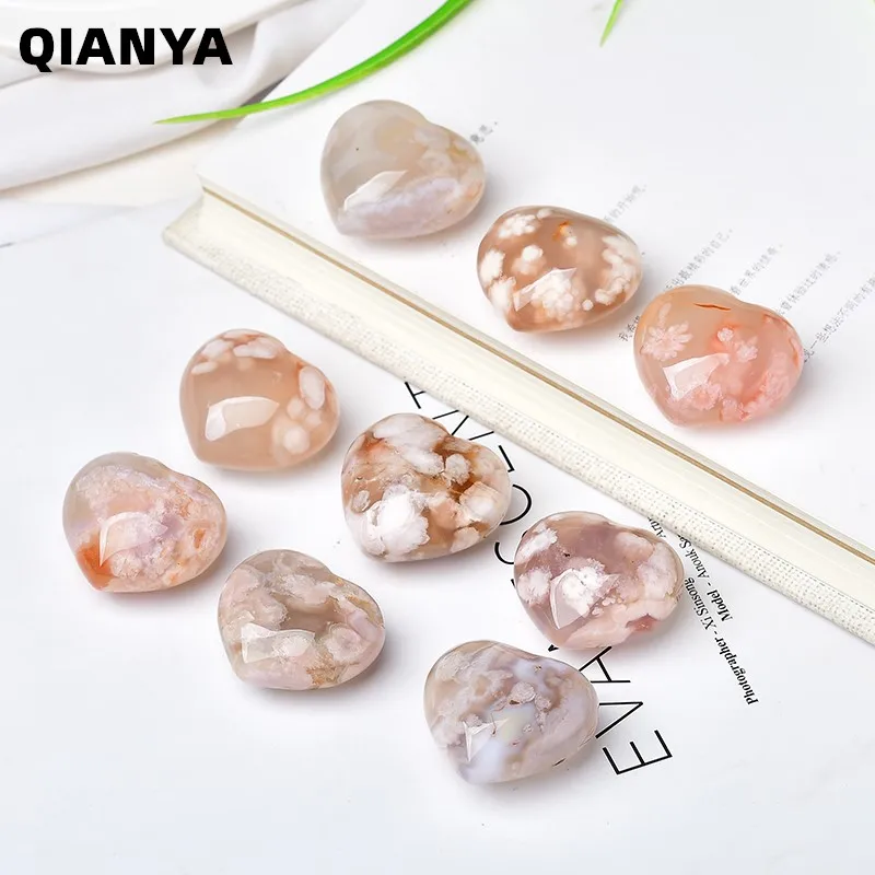 Natural Cherry Blossoms Agate Crystal Gemstone Mineral Love Heart-Shaped Crafts Home Decoration Palm Stone DIY Gift