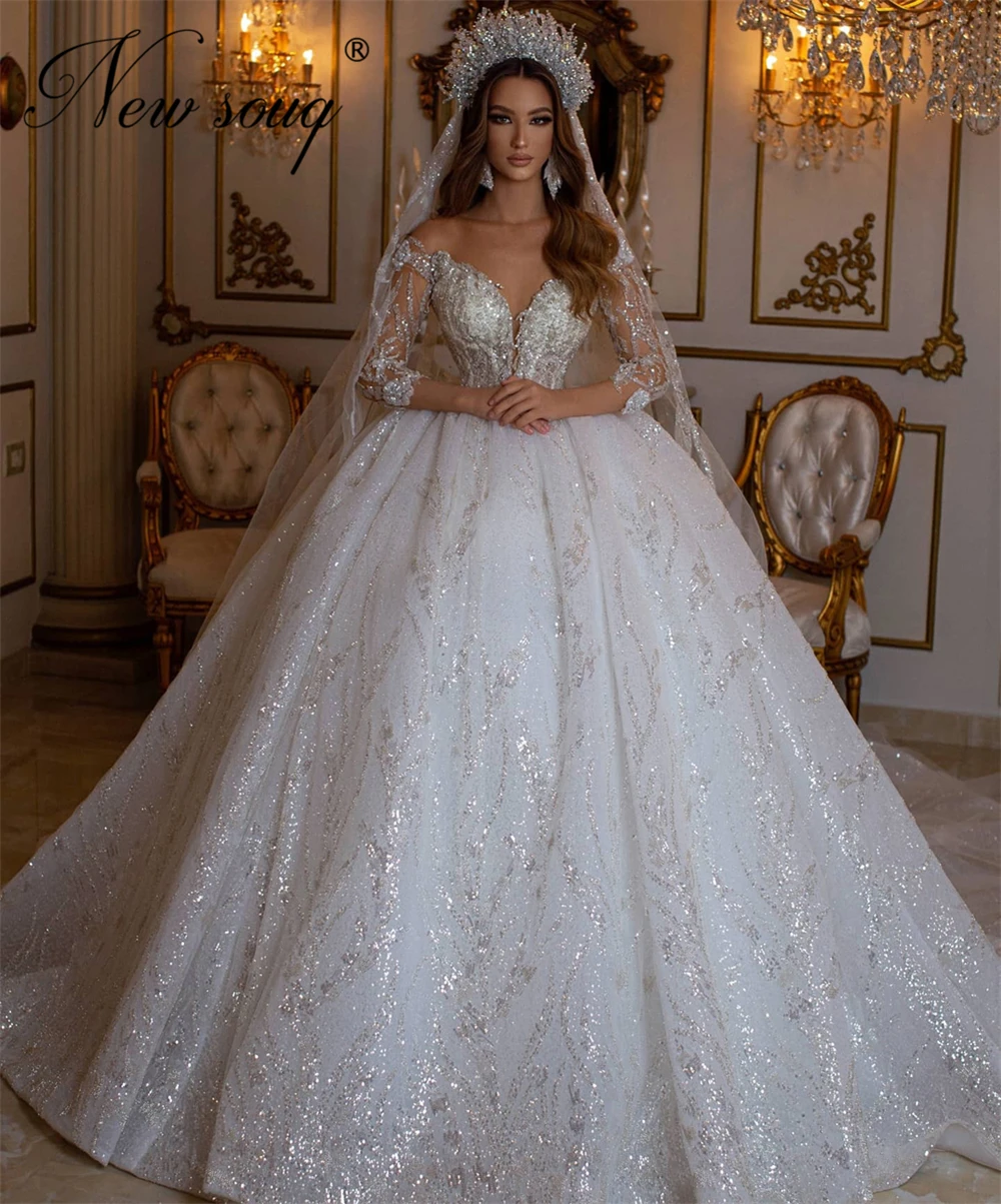 Princess Puffy Full Beading Weddding Dresses Vestido De Novia 2021 Off the Shoulder Bridal Gowns Arabic Haute Dubai Bride Dress