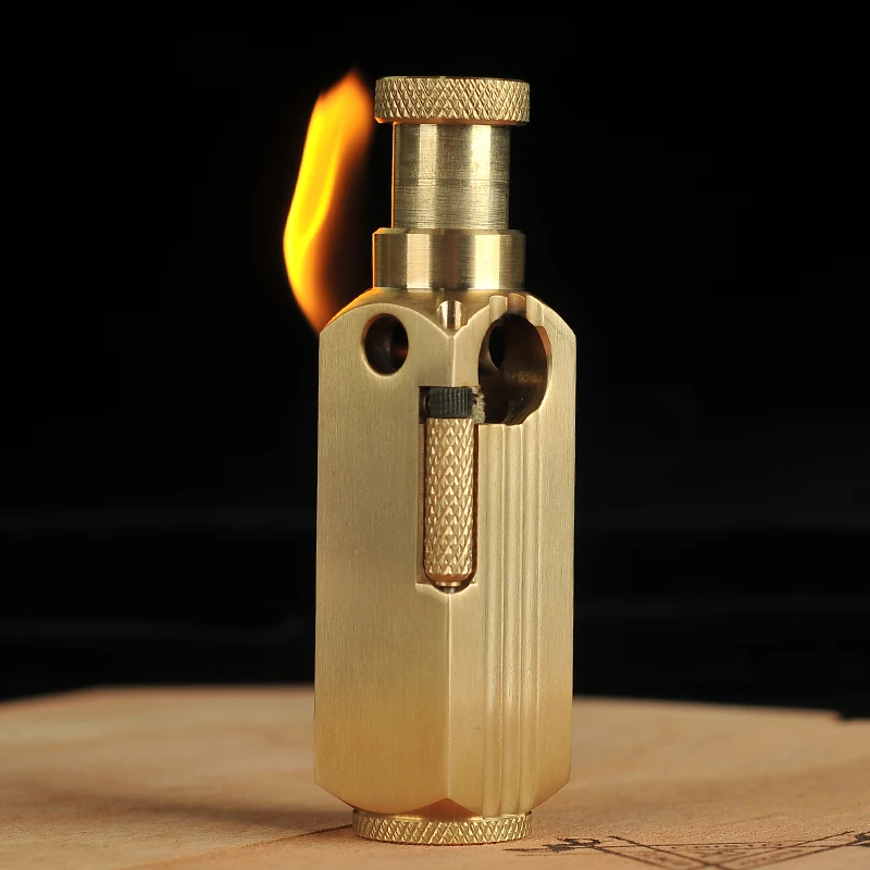 CNC Vintage Handmade Brass Trench Kerosene Lighter, Oil Gasoline Briquet Lighter,3 Sides Fire Ignition Smoking Tool 7.2*2.1cm